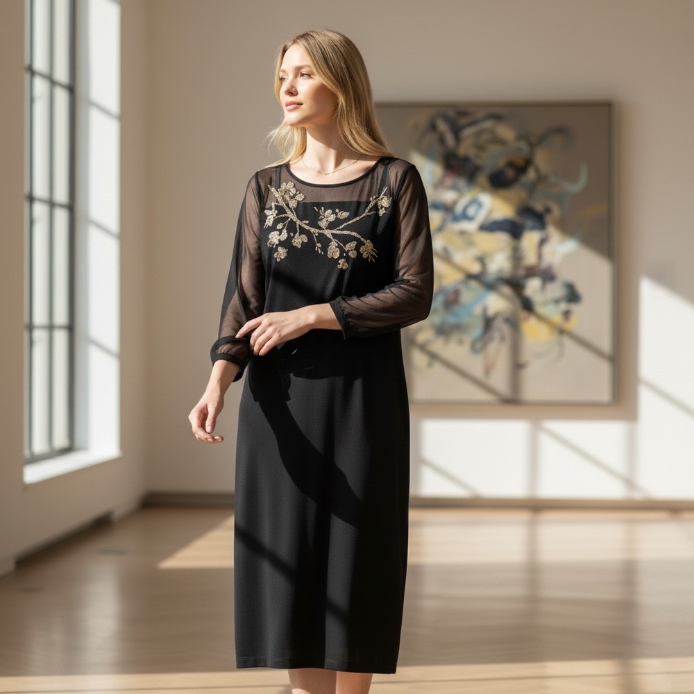 Elegant Black Dress with Floral Embroidery